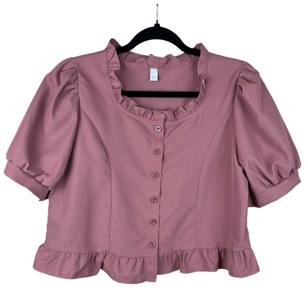 Dusty Pink Ruffled Cropped Blouse, Button Front, Puffy Sleeves, M